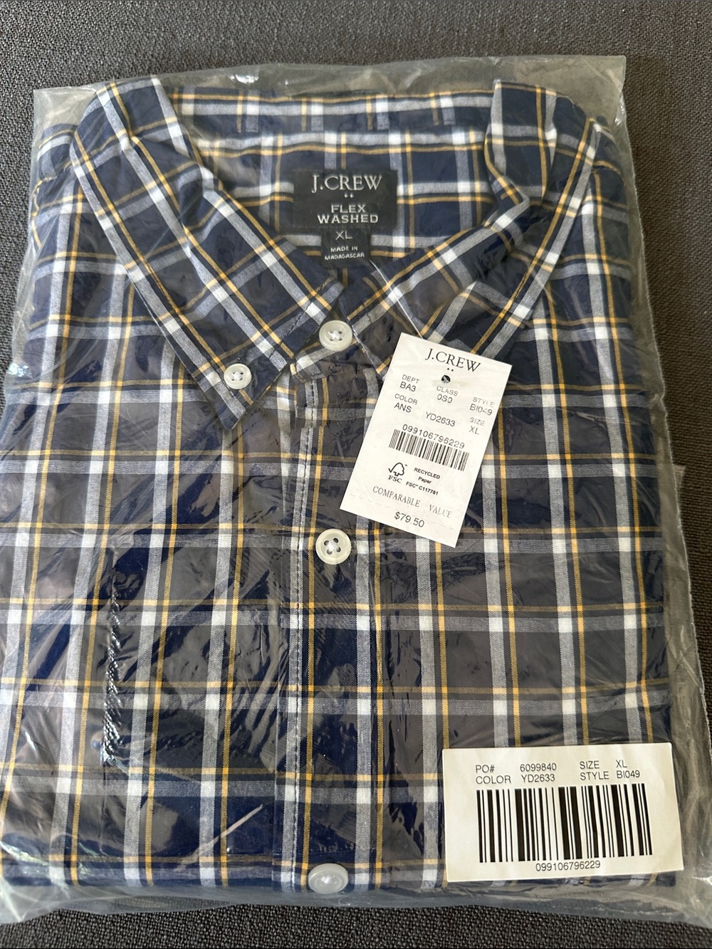 J. Crew Navy Plaid Button-Down Shirt with Yellow & White Stripes